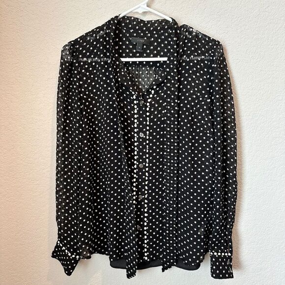 J. Crew Black White Polka Dot Silk Swiss Dot Tie Front Button Down Blouse 4 EUC - Picture 1 of 7